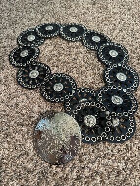 Black Floral Concho Waist Belt with Silver Medallions